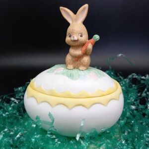 Vintage Lefton Easter Box Ceramic Bunny Egg Trinket Handpainted 1983 Grandmacore